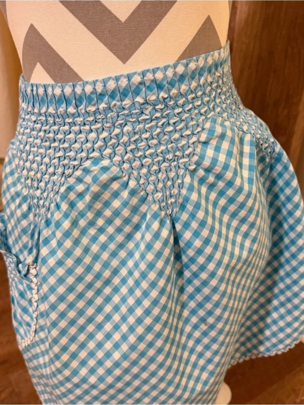 Vintage Blue Gingham Smocked Half Apron Tie Waist Pocket Cottagecore Prairie 50s